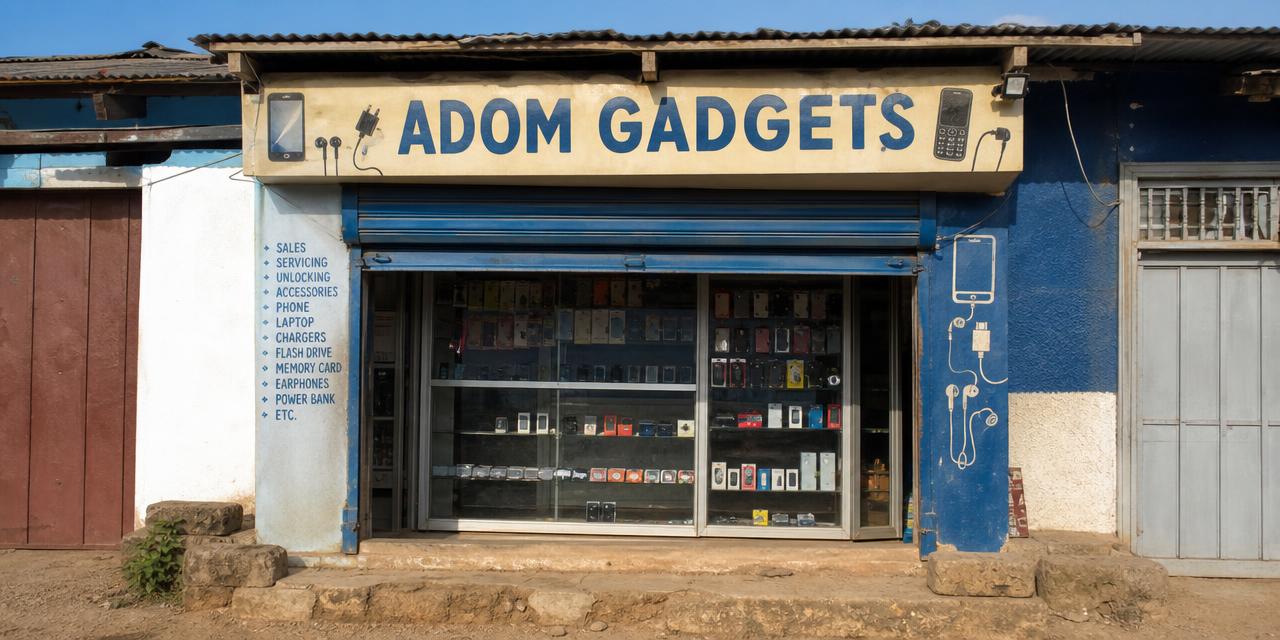 Adom Gadgets shop front with painted signage